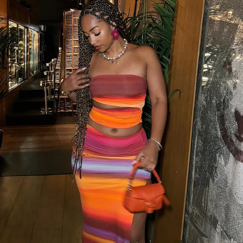 Vibrant Gradient Strapless Two-Piece Skirt Set for Sultry Summer Style