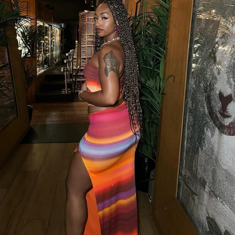 Vibrant Gradient Strapless Two-Piece Skirt Set for Sultry Summer Style