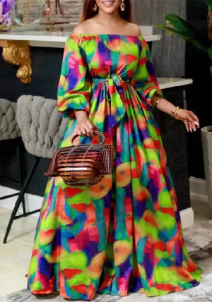 Vibrant Off-Shoulder Maxi Dress with Bubble Sleeves and Slim Waist