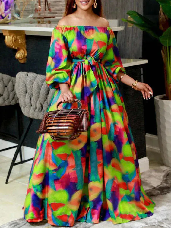 Vibrant Off-Shoulder Maxi Dress with Bubble Sleeves and Slim Waist