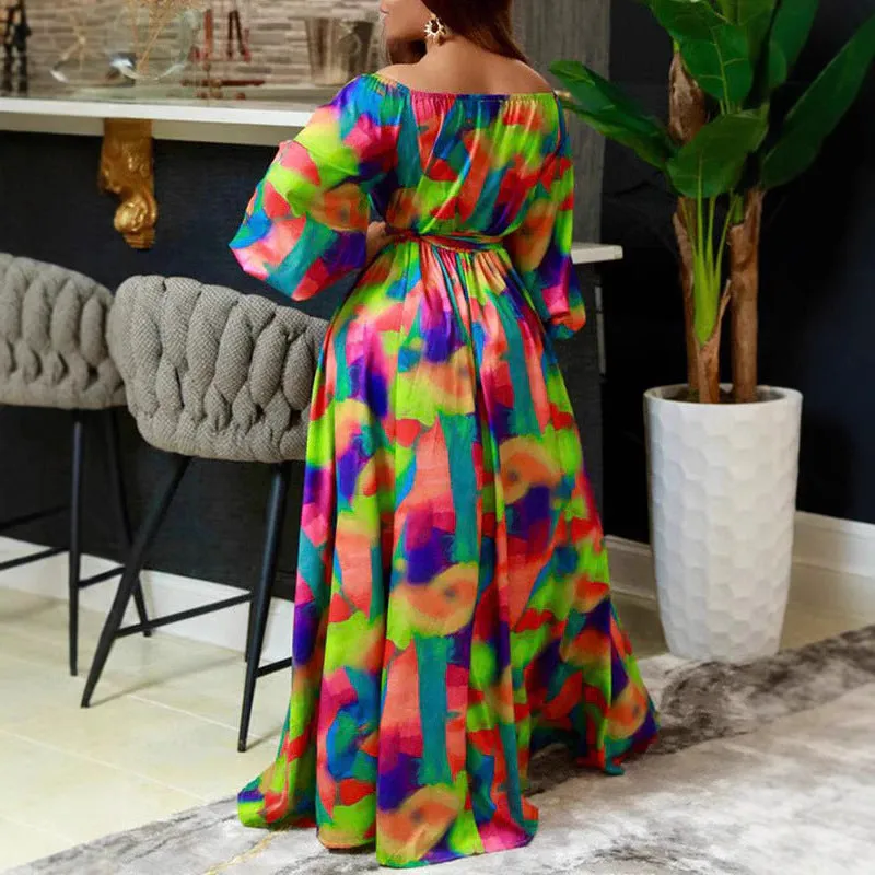 Vibrant Off-Shoulder Maxi Dress with Bubble Sleeves and Slim Waist