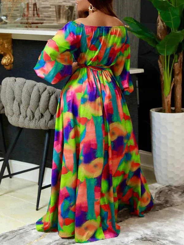 Vibrant Off-Shoulder Maxi Dress with Bubble Sleeves and Slim Waist
