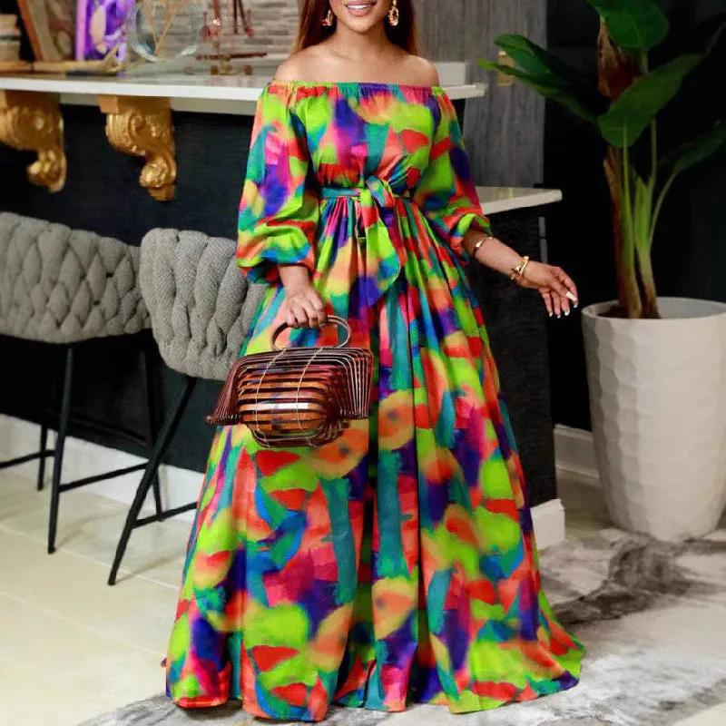 Vibrant Off-Shoulder Maxi Dress with Bubble Sleeves and Slim Waist