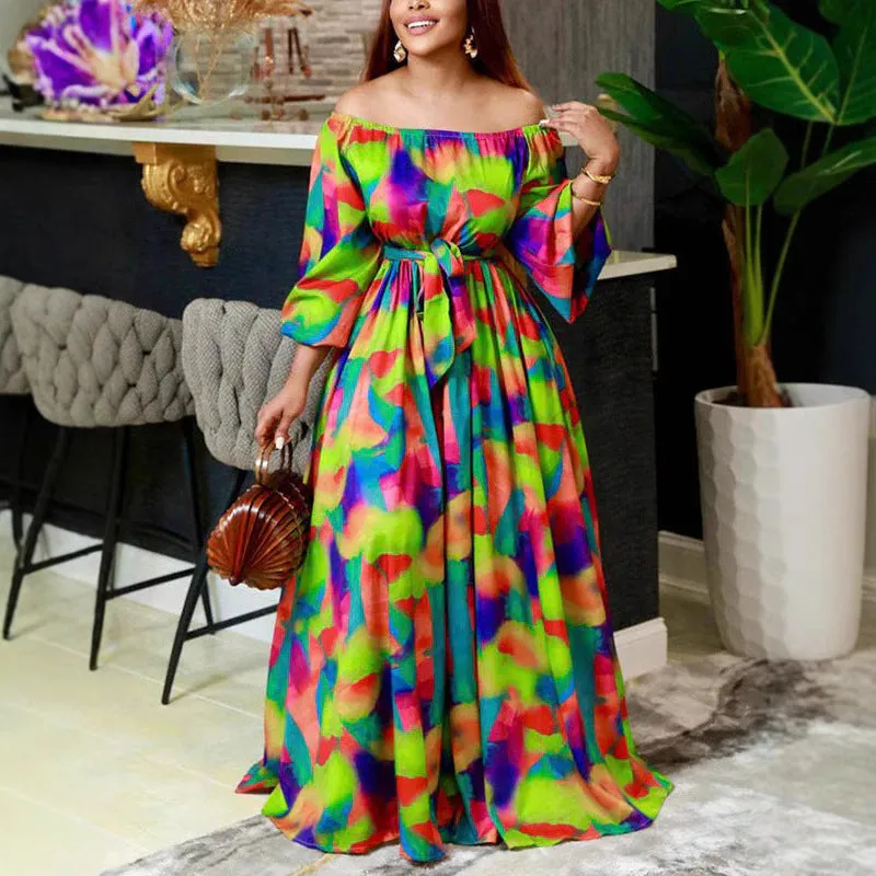 Vibrant Off-Shoulder Maxi Dress with Bubble Sleeves and Slim Waist